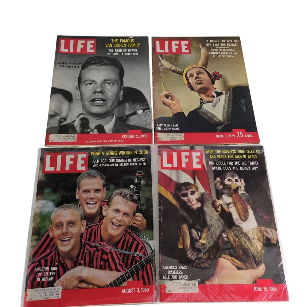 Set of 4 1959 Life Magazines: Space Monkeys Kingston Trio Jack Paar C Van Doren‎